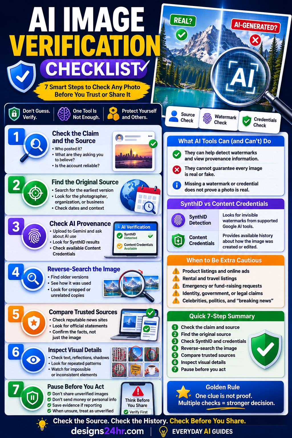 AI image verification infographic with seven steps covering the claim, original source, SynthID, Content Credentials, reverse image search, visual clues, and sharing safety