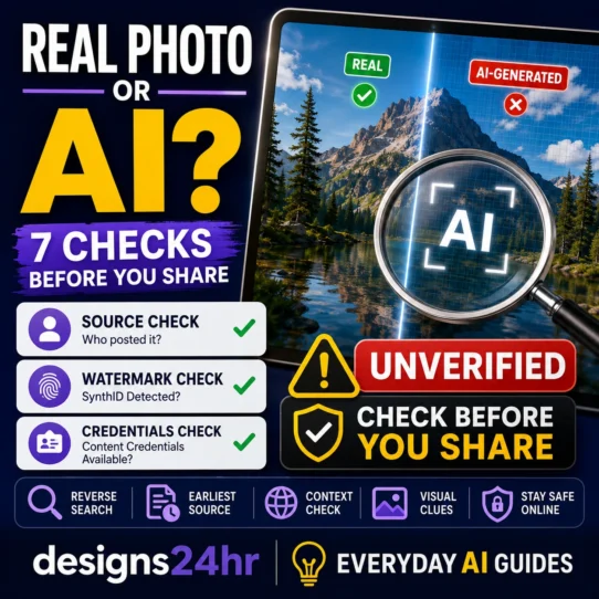 AI image verification checklist showing a suspicious photo, watermark scan, Content Credentials, reverse image search, source check, and unverified warning