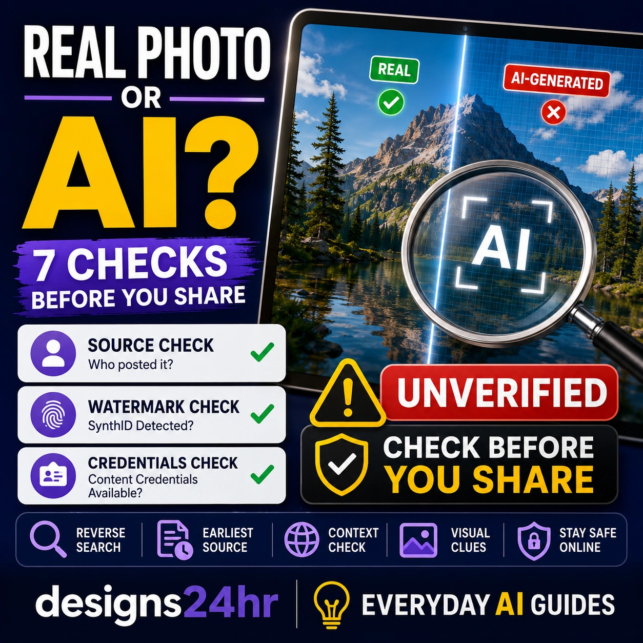 AI image verification checklist showing a suspicious photo, watermark scan, Content Credentials, reverse image search, source check, and unverified warning