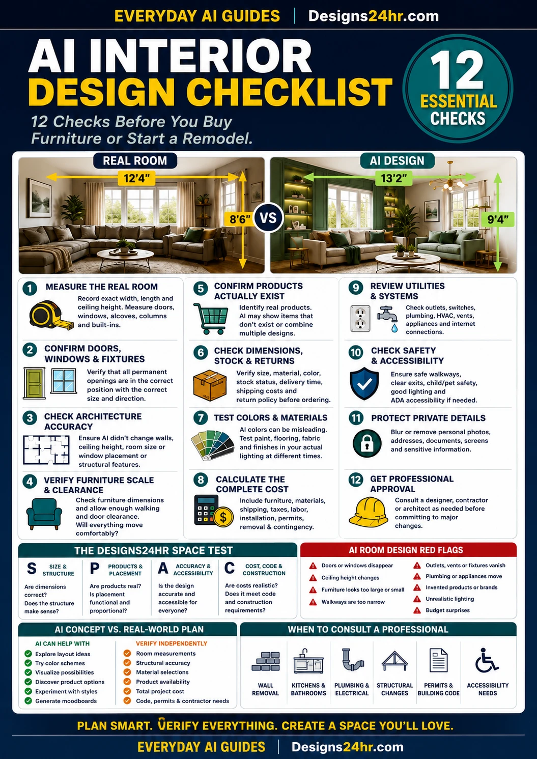 A split-screen interior showing a real room and an AI-generated redesign with measurement markers, furniture dimensions, paint swatches, budget checks, shopping verification, and warning symbols highlighting inaccurate architectural changes.