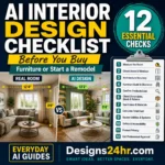 AI interior design checklist showing room measurements, furniture placement, paint colors, costs and remodel verification checks
