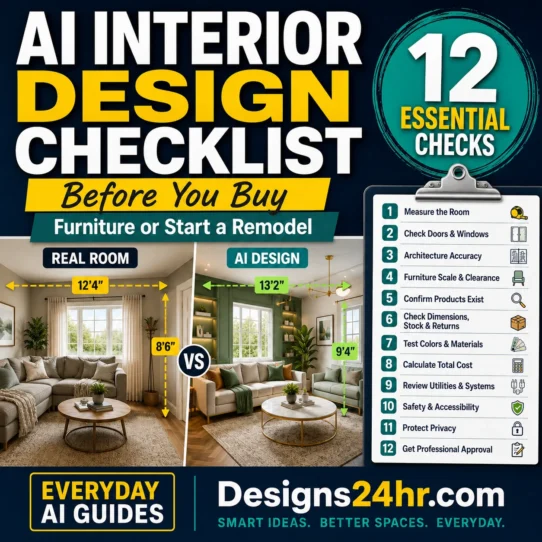 AI interior design checklist showing room measurements, furniture placement, paint colors, costs and remodel verification checks
