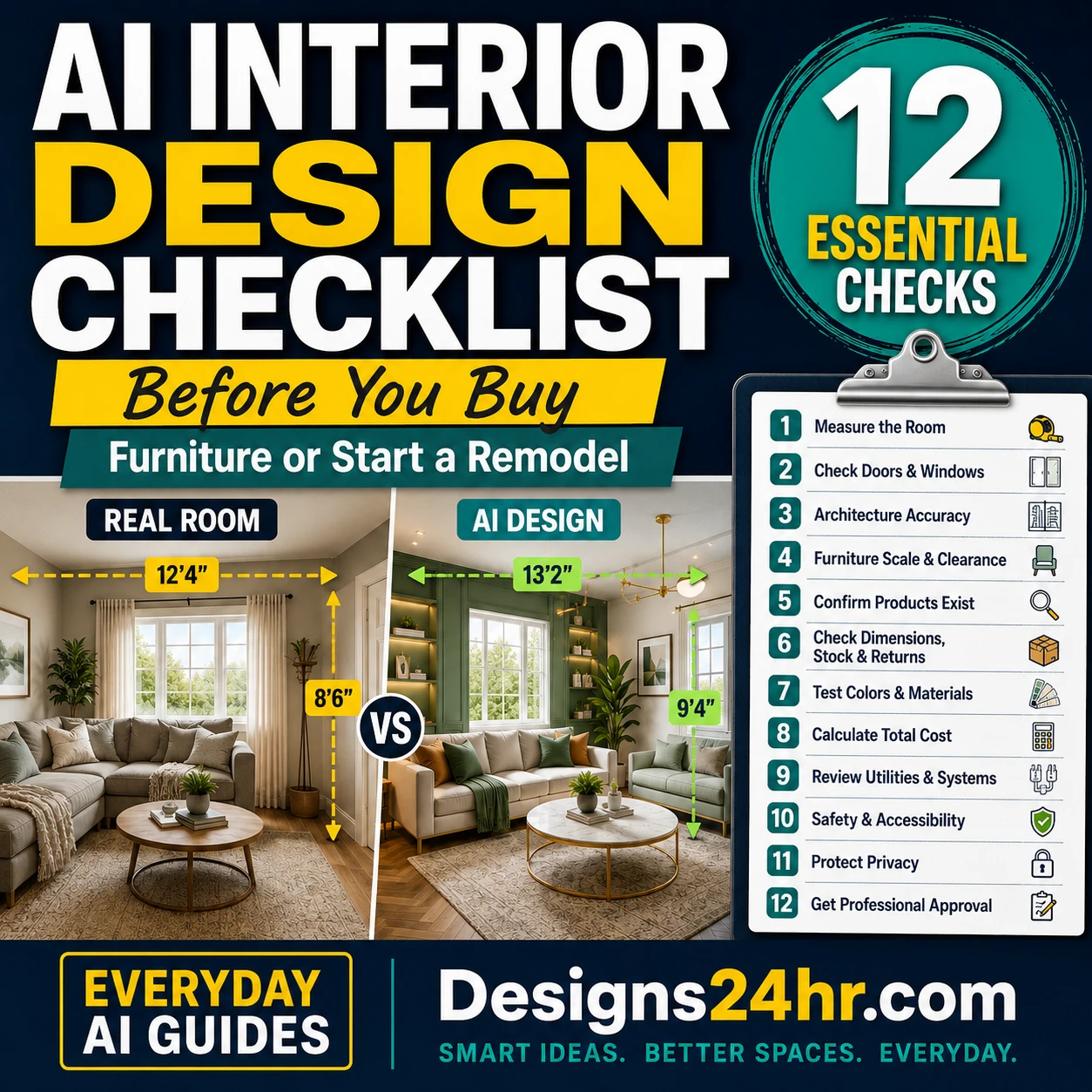 AI interior design checklist showing room measurements, furniture placement, paint colors, costs and remodel verification checks