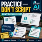AI interview practice checklist on a laptop with job description cards, STAR answer notes, follow-up questions, microphone waveform, privacy shield, and Practice—Don’t Script headline