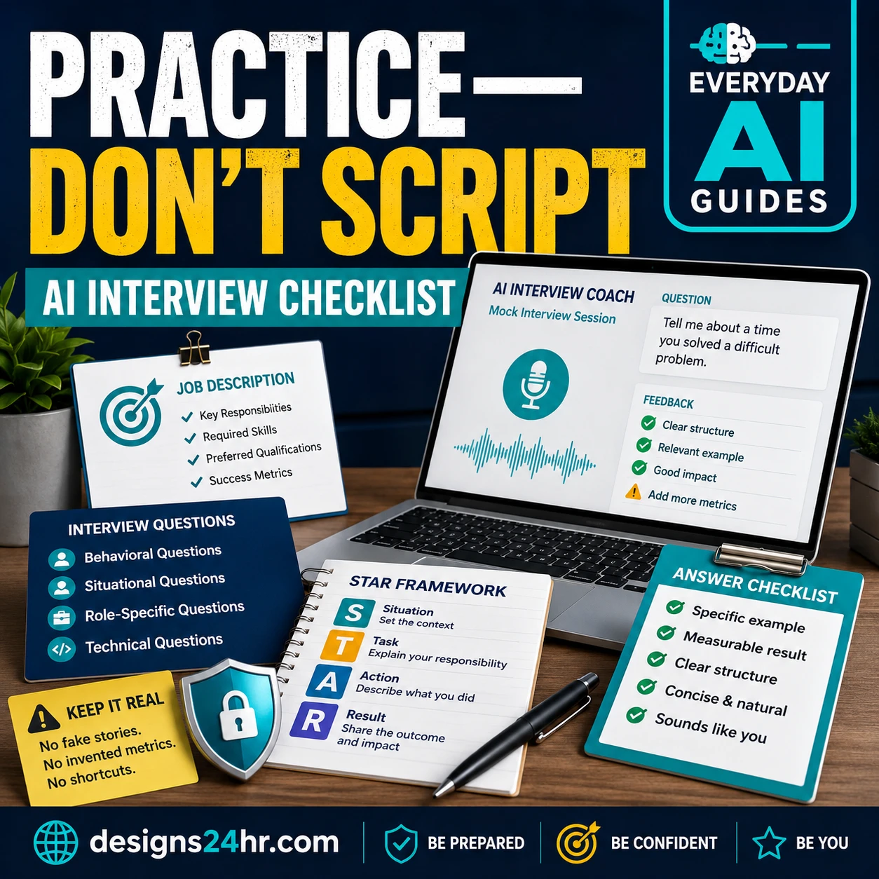 AI interview practice checklist on a laptop with job description cards, STAR answer notes, follow-up questions, microphone waveform, privacy shield, and Practice—Don’t Script headline