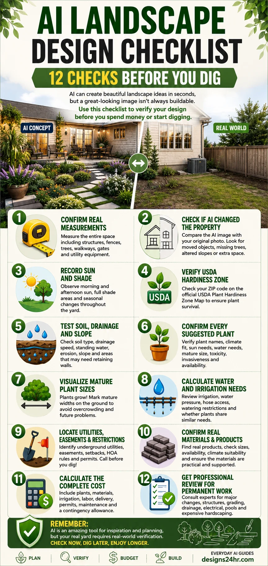 Vertical AI landscape design infographic with 12 checks for measurements, plants, drainage, utilities and costs