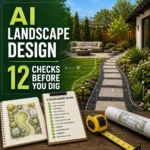 AI landscape design checklist showing a backyard plan, measurements and 12 checks before digging