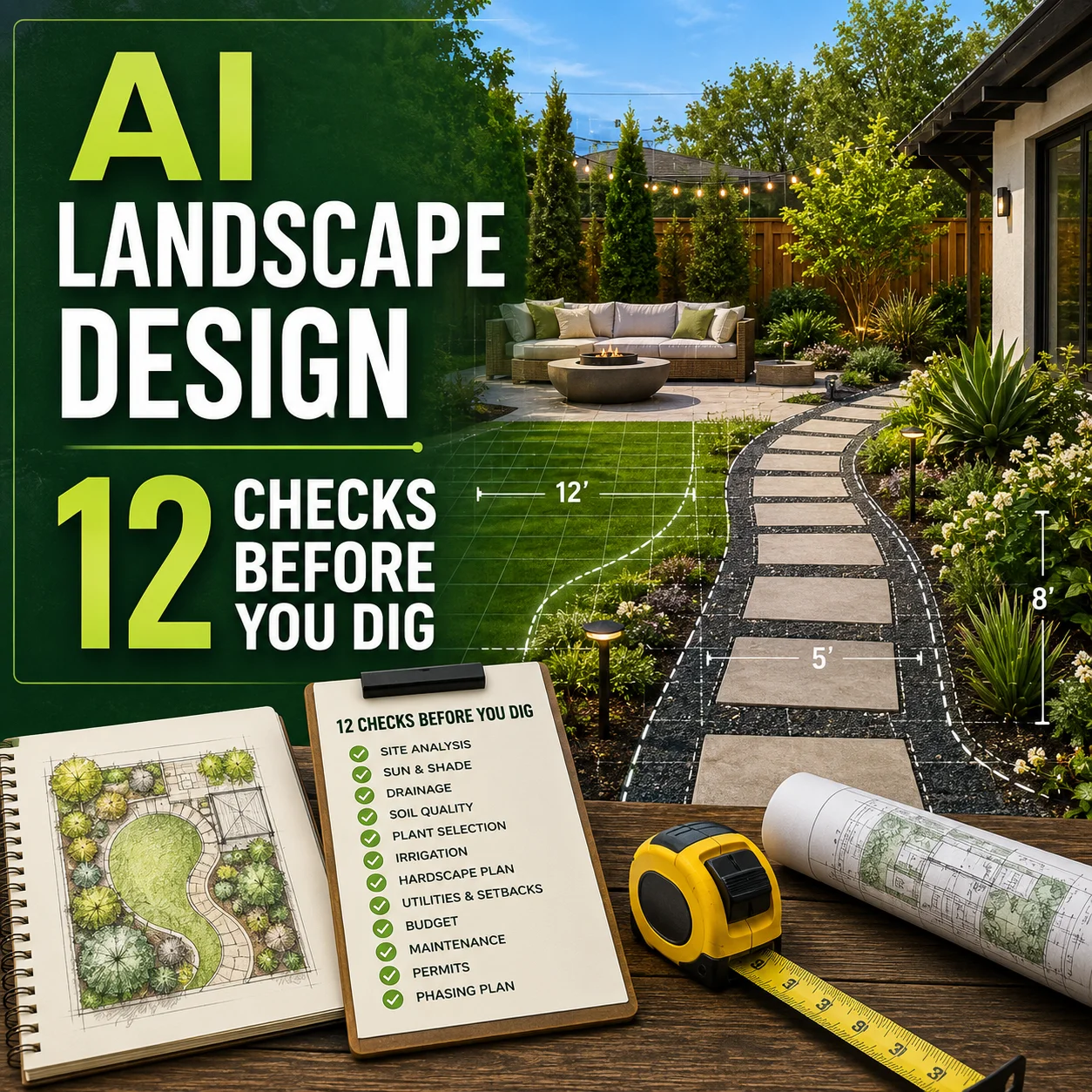 AI landscape design checklist showing a backyard plan, measurements and 12 checks before digging