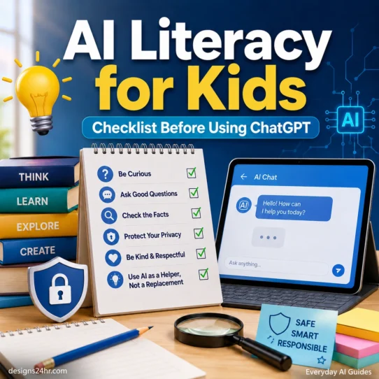 Square thumbnail for an AI literacy for kids checklist showing books, a privacy shield, a learning checklist, and an AI chat screen with the text AI Literacy for Kids.