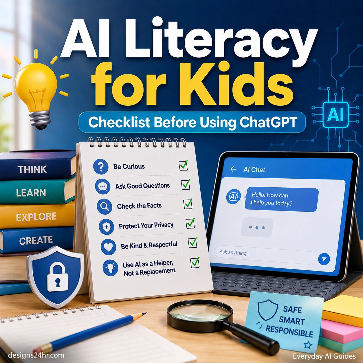 Square thumbnail for an AI literacy for kids checklist showing books, a privacy shield, a learning checklist, and an AI chat screen with the text AI Literacy for Kids.