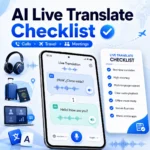 AI Live Translate Checklist thumbnail showing a smartphone translation screen, checklist card, travel icons, call icons, and meeting icons on a blue tech background.