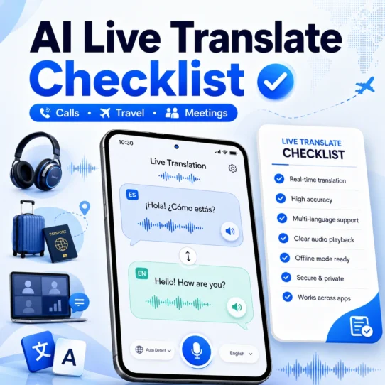 AI Live Translate Checklist thumbnail showing a smartphone translation screen, checklist card, travel icons, call icons, and meeting icons on a blue tech background.