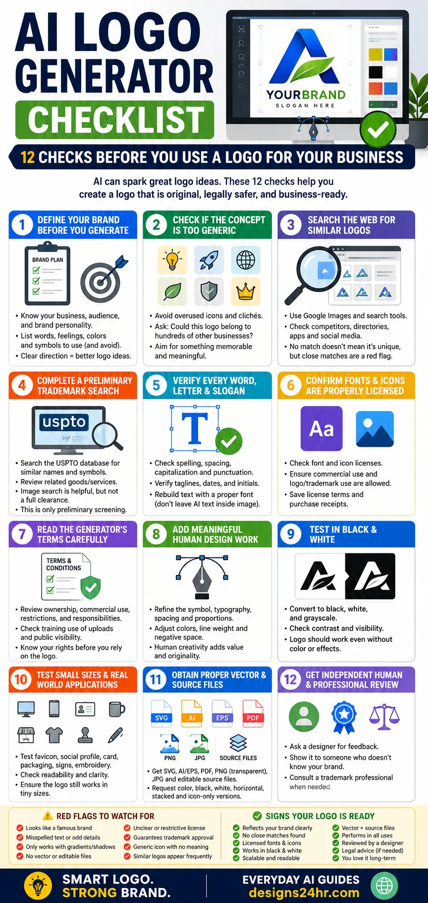 Vertical AI logo generator infographic listing 12 checks for brand clarity, originality, trademarks, licensing, vector files, scalability, and professional review.