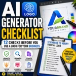 AI logo generator checklist showing trademark, licensing, vector file, readability, and professional review checks.
