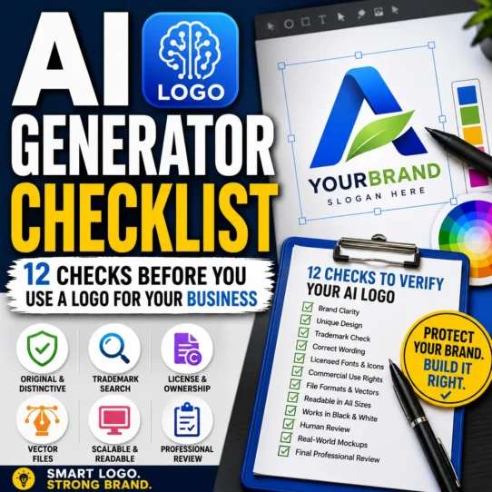 AI logo generator checklist showing trademark, licensing, vector file, readability, and professional review checks.