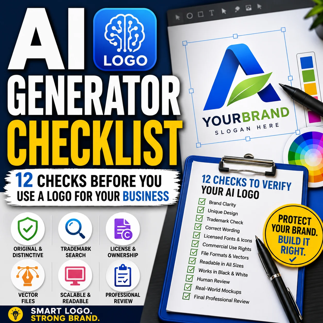 AI logo generator checklist showing trademark, licensing, vector file, readability, and professional review checks.