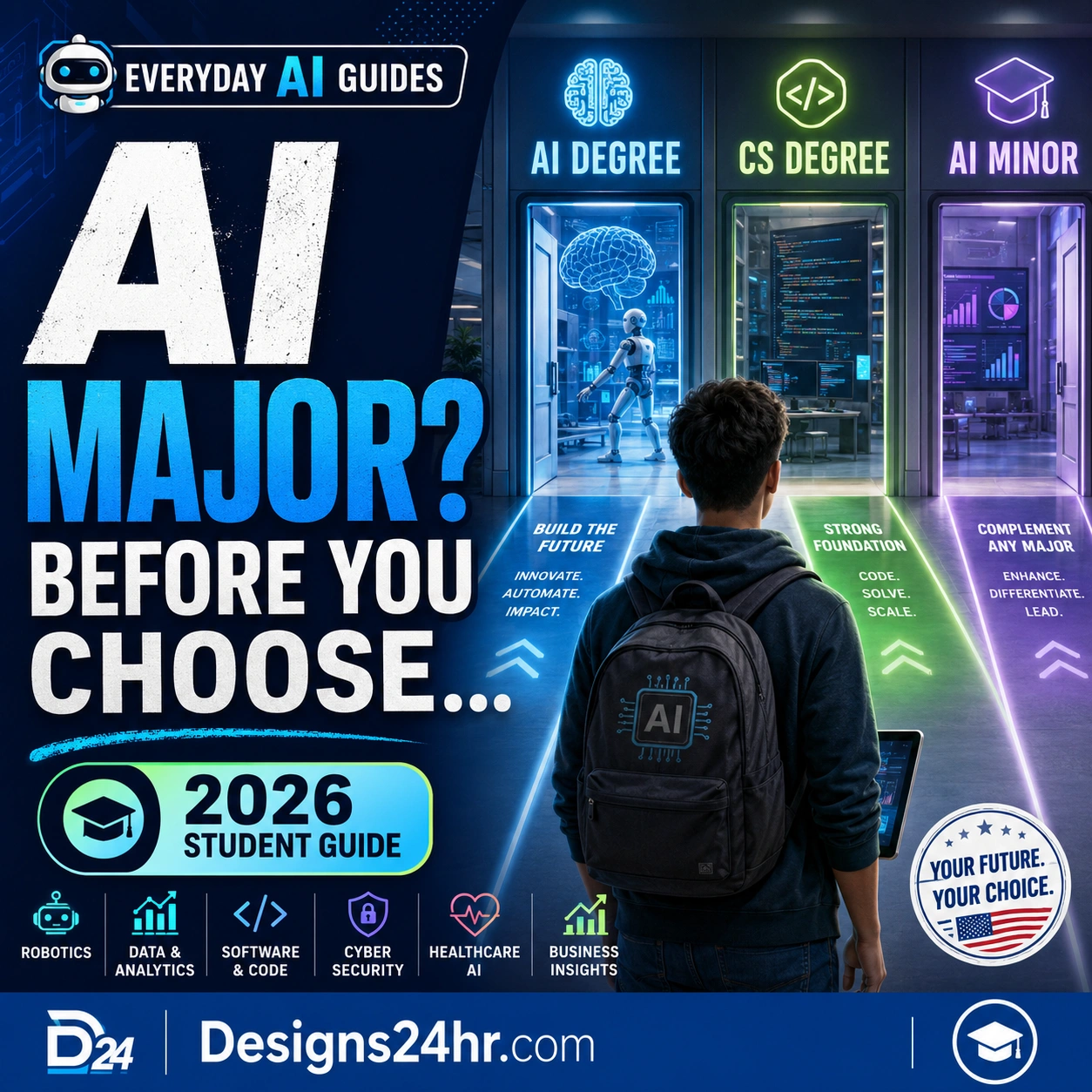 AI Majors Explained infographic showing a U.S. student choosing between an AI degree, computer science degree, and AI minor or certificate in 2026.