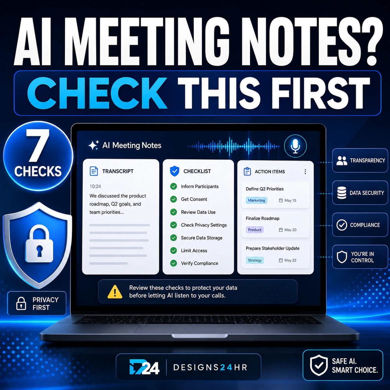 AI meeting notes checklist thumbnail showing a laptop with transcript, checklist, action items, privacy shield, and text that says AI Meeting Notes Check This First.
