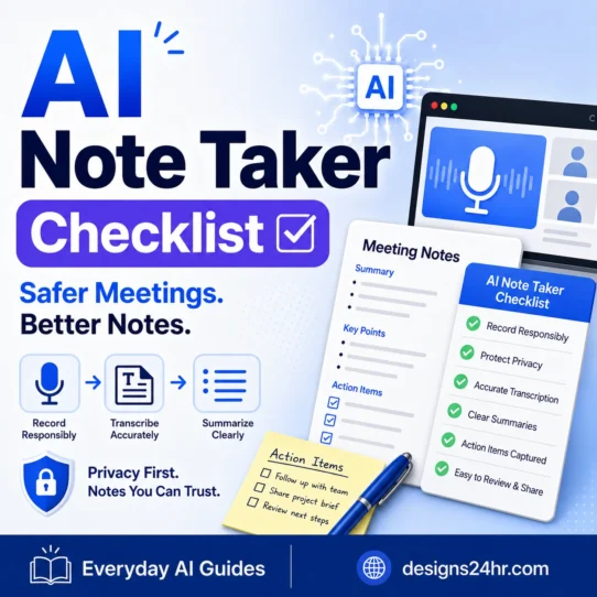 AI Note Taker Checklist thumbnail showing a meeting microphone, transcript, meeting summary, action items, and privacy controls.