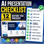 AI presentation maker checklist showing 12 checks for facts, charts, design, accessibility, privacy, sources, and exports