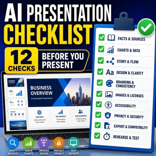 AI presentation maker checklist showing 12 checks for facts, charts, design, accessibility, privacy, sources, and exports
