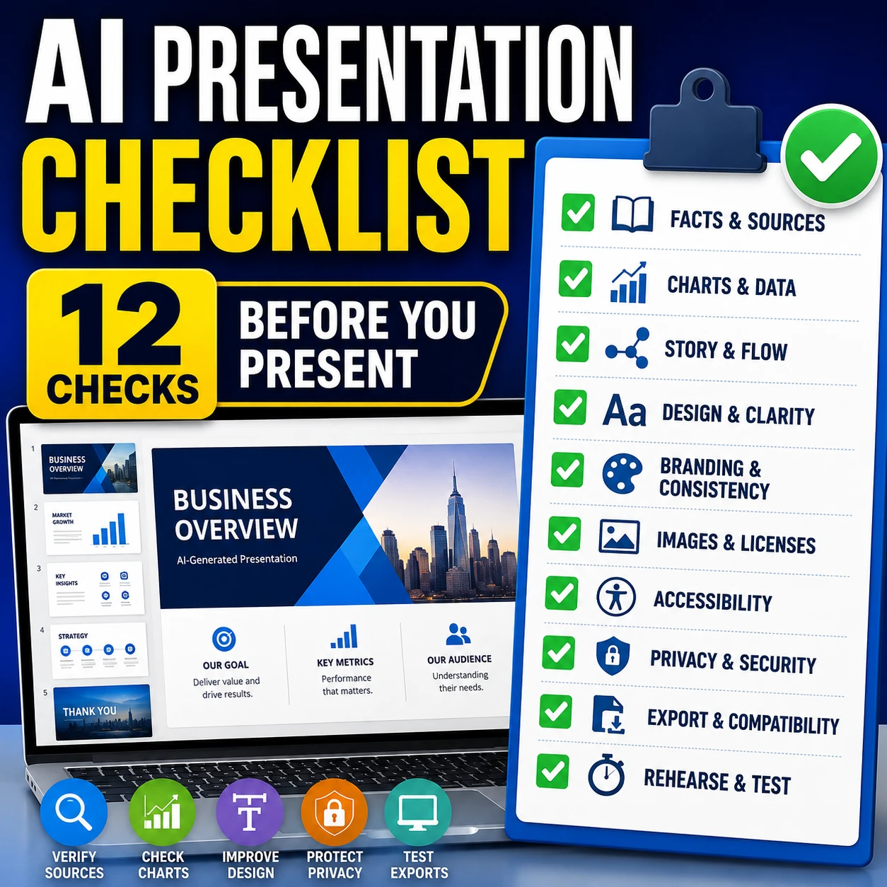 AI presentation maker checklist showing 12 checks for facts, charts, design, accessibility, privacy, sources, and exports