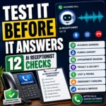 Small-business owner reviewing an AI receptionist checklist with incoming calls, appointment booking, privacy and human-transfer controls