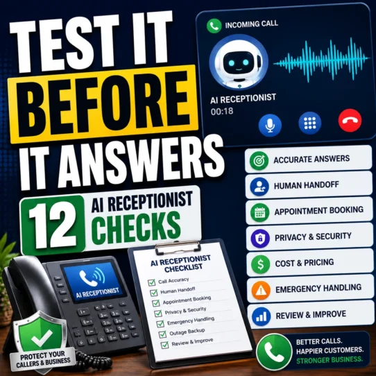 Small-business owner reviewing an AI receptionist checklist with incoming calls, appointment booking, privacy and human-transfer controls