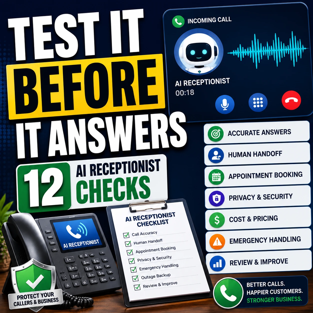 Small-business owner reviewing an AI receptionist checklist with incoming calls, appointment booking, privacy and human-transfer controls