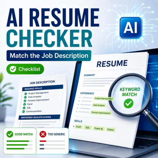 AI resume checker thumbnail showing a resume, job description, keyword match magnifying glass, checklist badge, and AI icon for matching a resume to a job description.