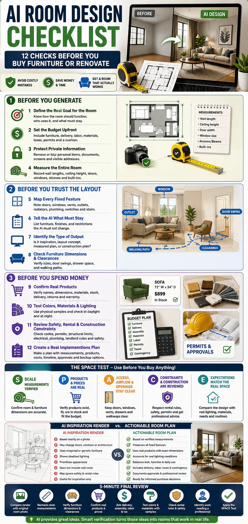SPACE Test infographic for checking scale, products, access, constraints, and expectations in an AI room design