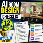 AI room design checklist showing measurements, furniture fit, floor plan, prices, privacy, lighting, and renovation checks