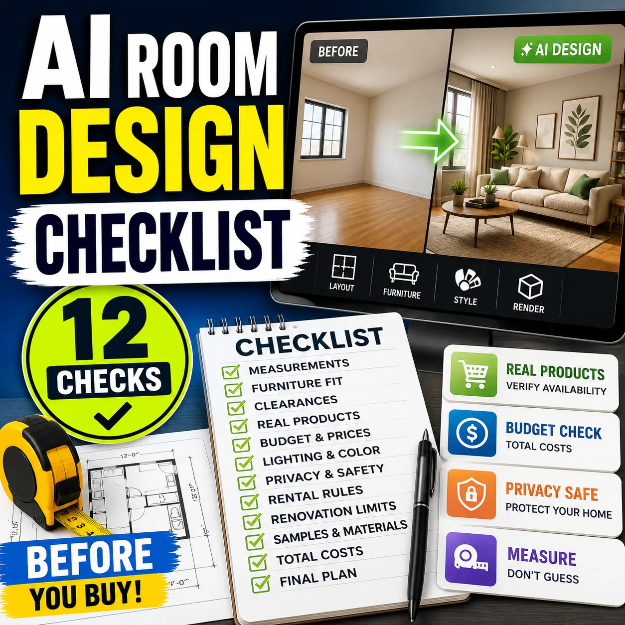 AI room design checklist showing measurements, furniture fit, floor plan, prices, privacy, lighting, and renovation checks