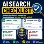 AI Search Checklist thumbnail showing ChatGPT Search, Google AI Mode, source links, check marks, warning icons, and a verify before you trust message.