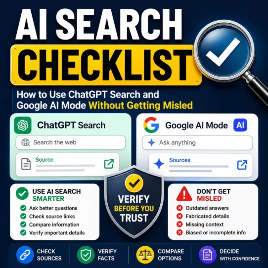 AI Search Checklist thumbnail showing ChatGPT Search, Google AI Mode, source links, check marks, warning icons, and a verify before you trust message.