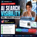 AI search visibility checklist thumbnail showing a small business owner using a laptop with ChatGPT, Gemini, and Google AI Mode search cards, visibility growth chart, checklist icons, and small business growth message.