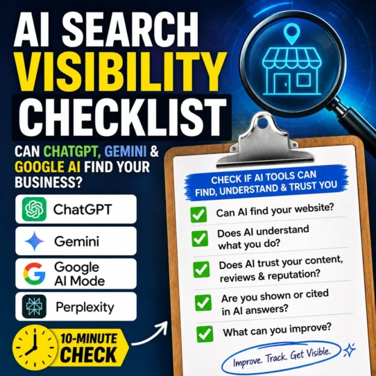 AI search visibility checklist thumbnail showing ChatGPT, Gemini, Google AI Mode, and Perplexity with a business website checklist and magnifying glass.