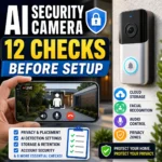 AI security camera checklist with a smart doorbell camera, live video feed, privacy zones, cloud storage, facial recognition, microphone control, and security settings