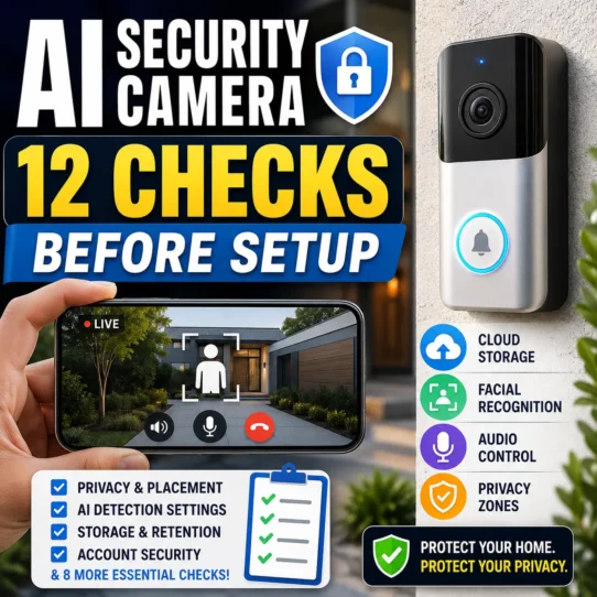 AI security camera checklist with a smart doorbell camera, live video feed, privacy zones, cloud storage, facial recognition, microphone control, and security settings