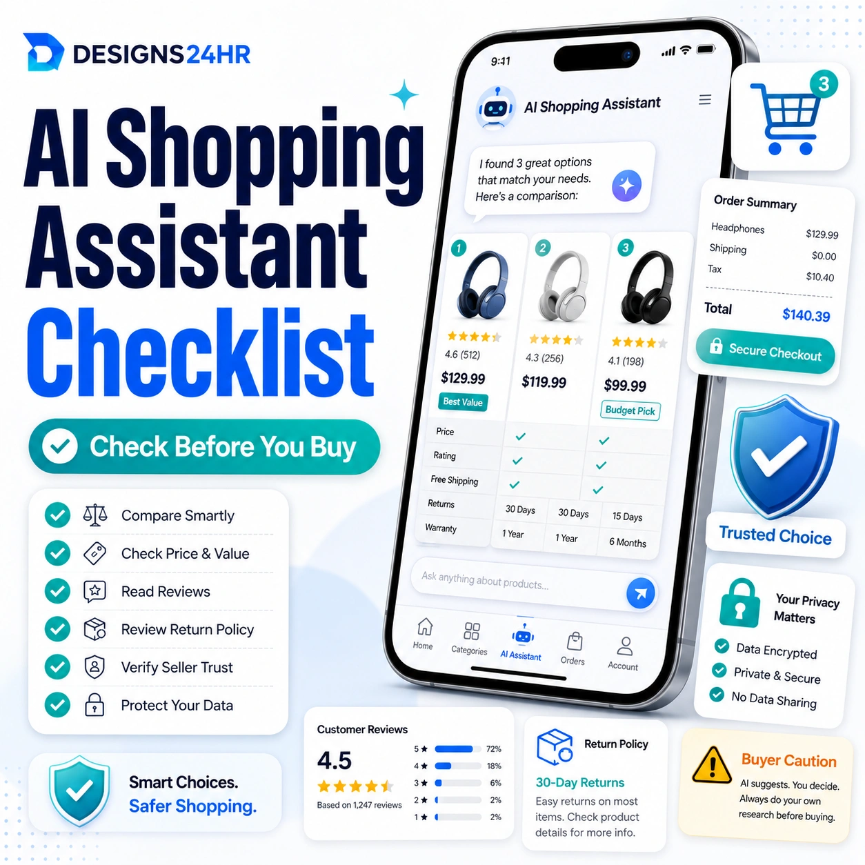 AI shopping assistant checklist thumbnail showing a smartphone with product comparison cards, prices, reviews, secure checkout, privacy lock, return policy, and buyer caution icons.