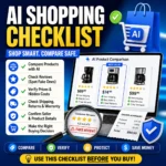 AI Shopping Checklist thumbnail showing a laptop product comparison screen, shopping cart icon, fake review warning, price tags, receipt, shield, and checklist graphics.
