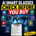 AI smart glasses checklist showing privacy, camera, microphone, battery, cloud data, security, and phone compatibility checks