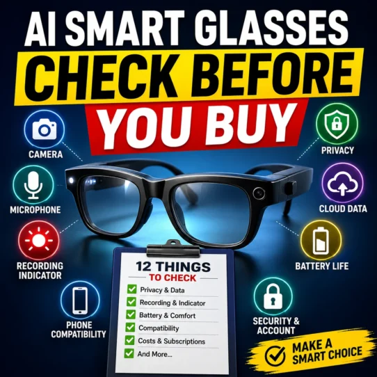 AI smart glasses checklist showing privacy, camera, microphone, battery, cloud data, security, and phone compatibility checks
