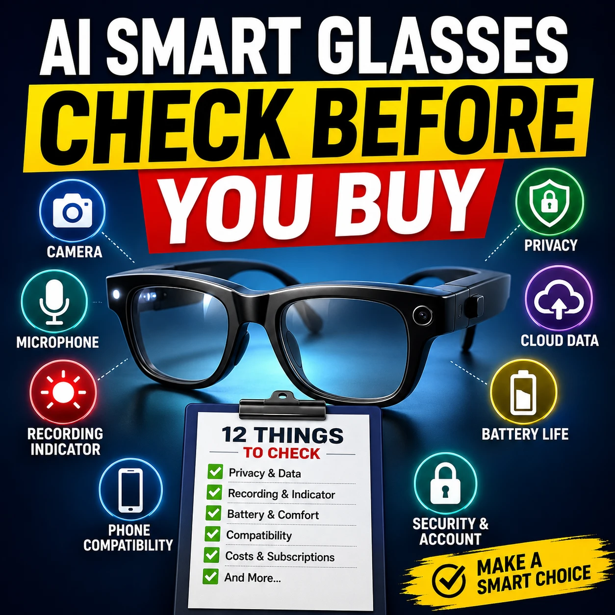 AI smart glasses checklist showing privacy, camera, microphone, battery, cloud data, security, and phone compatibility checks