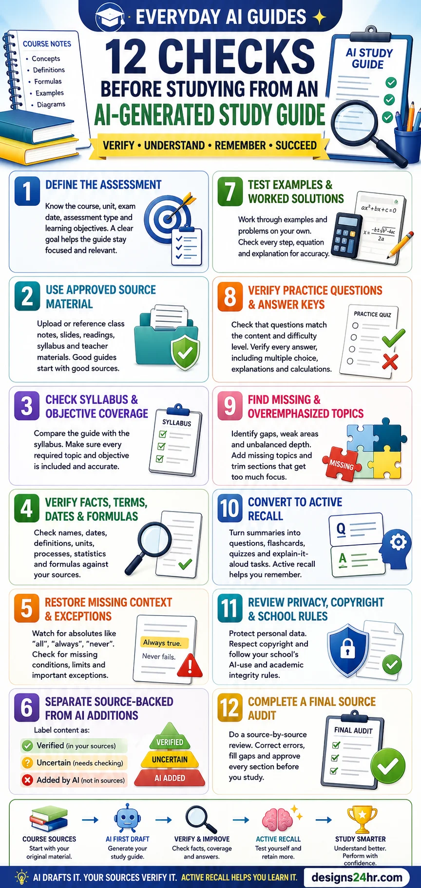 Vertical infographic showing 12 checks for verifying AI-generated study guides, including sources, syllabus coverage, facts, formulas, answer keys and active recall