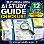 AI study guide generator checklist showing course notes, a generated study guide, fact verification, practice questions and 12 accuracy checks