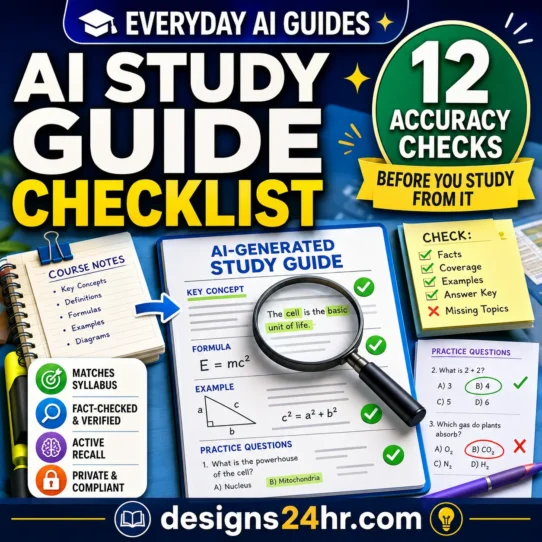 AI study guide generator checklist showing course notes, a generated study guide, fact verification, practice questions and 12 accuracy checks