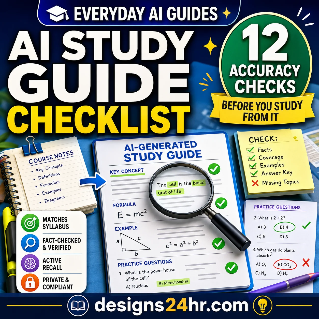 AI study guide generator checklist showing course notes, a generated study guide, fact verification, practice questions and 12 accuracy checks