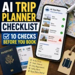 AI trip planner checklist beside a phone itinerary, passport, map, hotel booking and verification marks