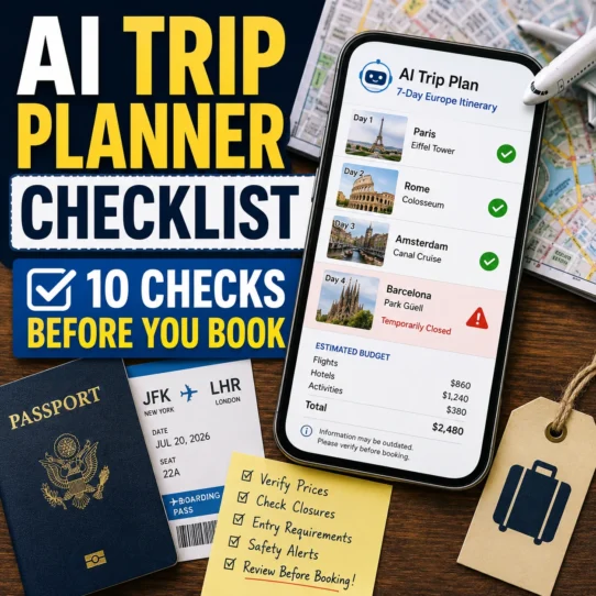 AI trip planner checklist beside a phone itinerary, passport, map, hotel booking and verification marks